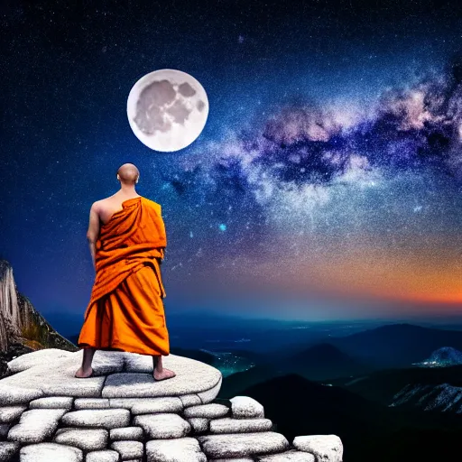 Image similar to high definition render of a monk on top of a mountain, full moon, milky way, galaxy, buddhism, 8 k, symbolic, intricate, detailed, raytracing, cinematic