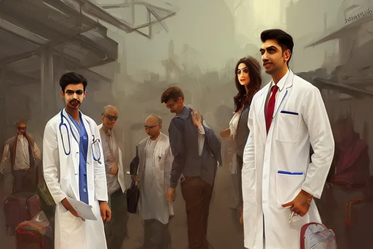 Image similar to Anxious good looking pale young Indian doctors wearing American clothes at the airport, portrait, elegant, intricate, digital painting, artstation, concept art, smooth, sharp focus, illustration, art by artgerm and greg rutkowski and alphonse mucha