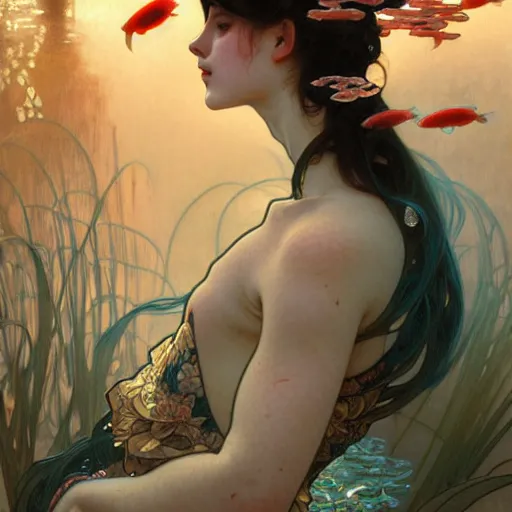 Image similar to Portrait of a girl surrounded by Koi fish, face, fantasy, intricate, elegant, highly detailed, digital painting, artstation, concept art, smooth, sharp focus, illustration, art by Loish and Artem Demura and alphonse mucha