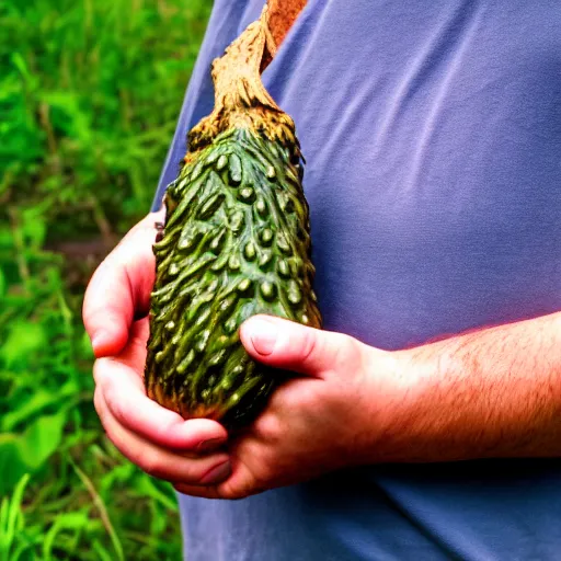 Image similar to bigfoot holding a pickle in his hand, color photograph, nature photograph, national geographic, 4 k.