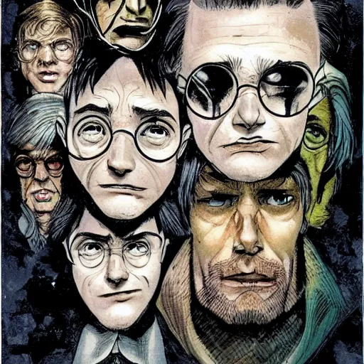 Image similar to in one frame Harry Potter with Sandman in The Sandman comic, symmetrical faces, beautiful faces, by Neil Gaiman, by Dave McKean, comics Sandman, small details, clear faces, high detail