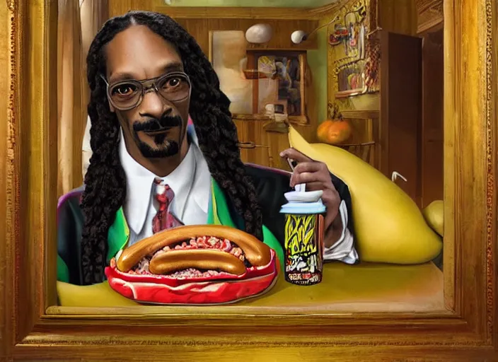 Image similar to snoop dogg inside made of hot dog, lowbrow, matte painting, 3 - d highly detailed, in the style of mark ryden,