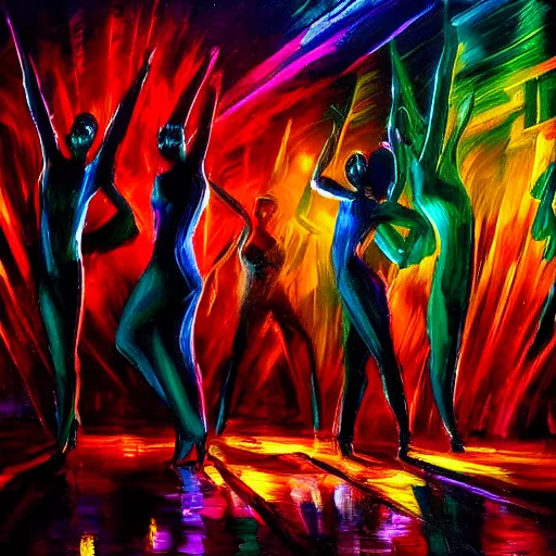 Image similar to dark dancing silhuettes in a dance club, colorful lights, dramatic lighting, a lot of energy, oil painting