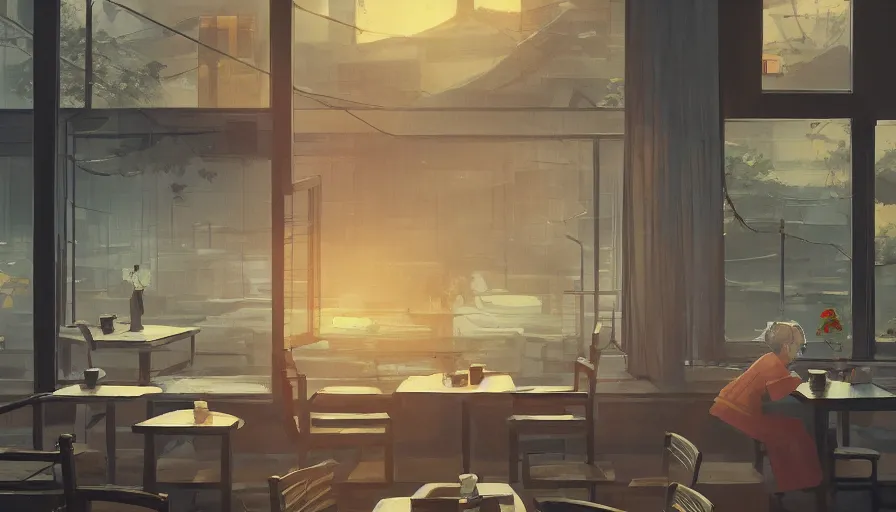 Prompt: old japanese restaurant with tables and chairs, sunrise through windows, old lady, hyperdetailed, artstation, cgsociety, 8 k