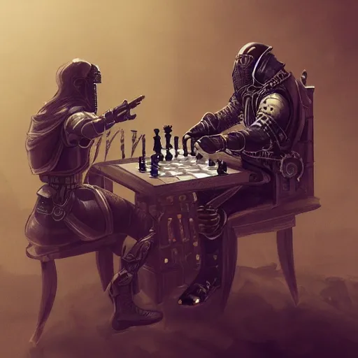 Prompt: knight playing chess, steampunk, high detail, digital art, smooth, featured on artstation