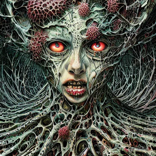 Prompt: keith thompson michael whelan horror art psychedelic trippy gorgeous horror beautiful creepy haunting dzo olivier scott fischer forest of human bodies splattered splashing fractal prismatic apophasis yoji shinkawa apophasis shintaro kago apophasis hyperrealism