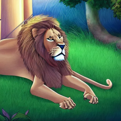 Prompt: Lion resting in the shade, Cartoon for children's book 2-4 years, ArtStation, sharp focus, 4k
