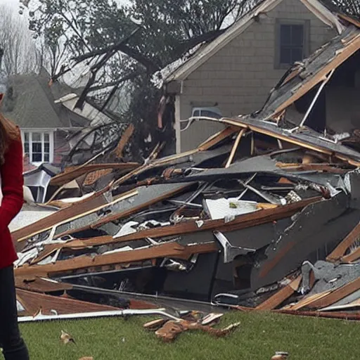 Image similar to emma watson as an f 4 tornado destroying houses