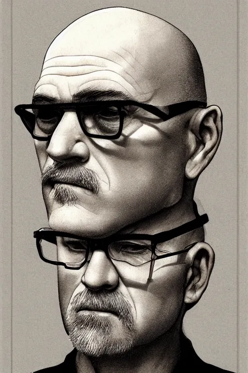 Prompt: Portrait of a handsome older bald man, with a patrician nose, black rimmed glasses, and a salt&pepper goatee, extremely detailed frontal angle, art nouveau, perfectly symmetrical facial structure and framework, honorable and honest facial features of ageless wisdom, by bill sienkiewicz, frank frazetta and travis charest, dark sci-fantasy, ornate complexity, male face and bust, accurate human anatomy , older geek character concept, photorealism, epic art nouveau framing, stunning lighting, hyperrealism, 8k