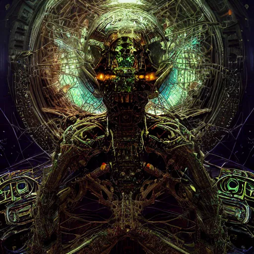 Image similar to cybernetic demon dreaming the destruction of the cosmos with its networked mind, lsd, circuitry, intricate detail, royo, whealan, giger, klimt, hd, octane render, unreal engine,