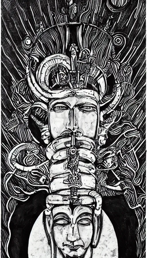 Prompt: the emperor, ram horns sprouting from his head, golden taurus, mars energy, ankh, wisdom, tarot, black and white painting, by daniel martin diaz