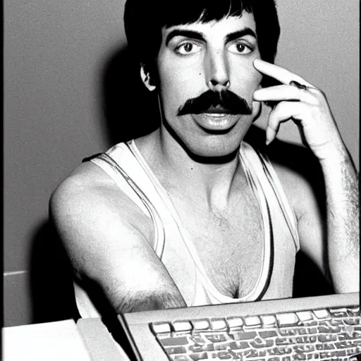 Prompt: Freddie Mercury playing among us on his computer