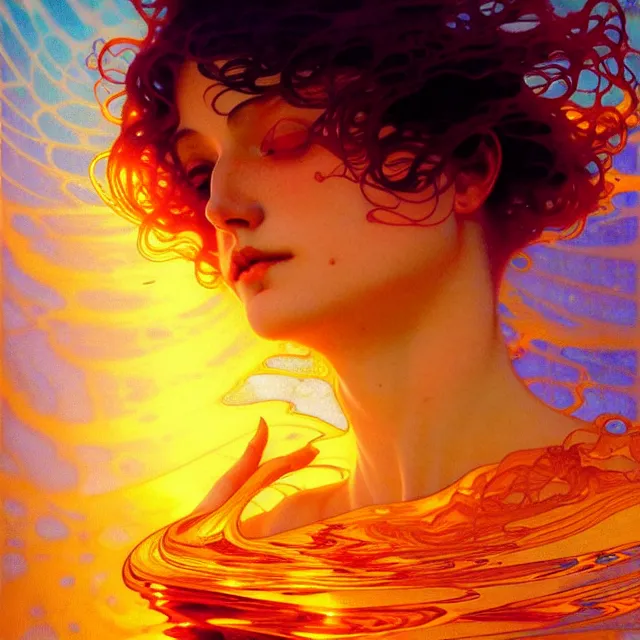 Image similar to transcendent mind bending indigo waves of glossy psychedelic liquid honey flowing like kaleidoscopic translucent amber, lsd waves, honey ripples, enlightenment, dramatic professional lighting, refracted sunset lighting, art by collier, albert aublet, krenz cushart, artem demura, alphonse mucha