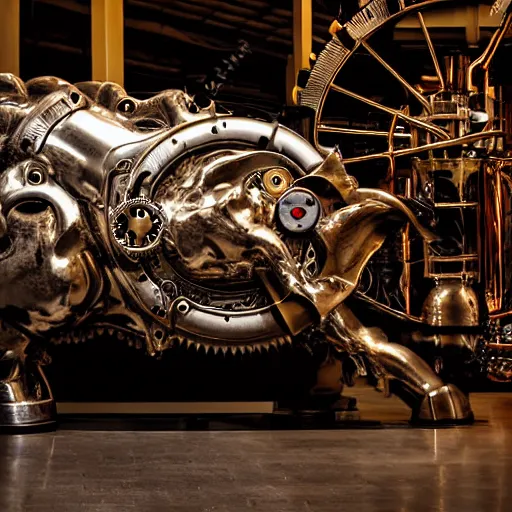 Image similar to a clockwork mechanical bull there are gears sticking out of the mechanical bull steam emanates from the robotic bull and thick clouds of steam swirl around the clockwork bull, ultra high detail, high particle effects, highly reflective surface, realistic reflections