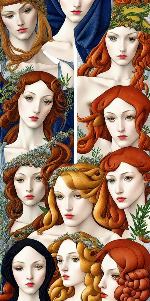 Image similar to the 12 months of the year as 12 figures, (3 are Winter, 3 are Spring, 3 are Summer and 3 are Autumn), in a mixed style of Botticelli and Æon Flux!!, inspired by pre-raphaelite paintings and shoujo manga, stunningly detailed, stunning inking lines, flat colors, 4K photorealistic