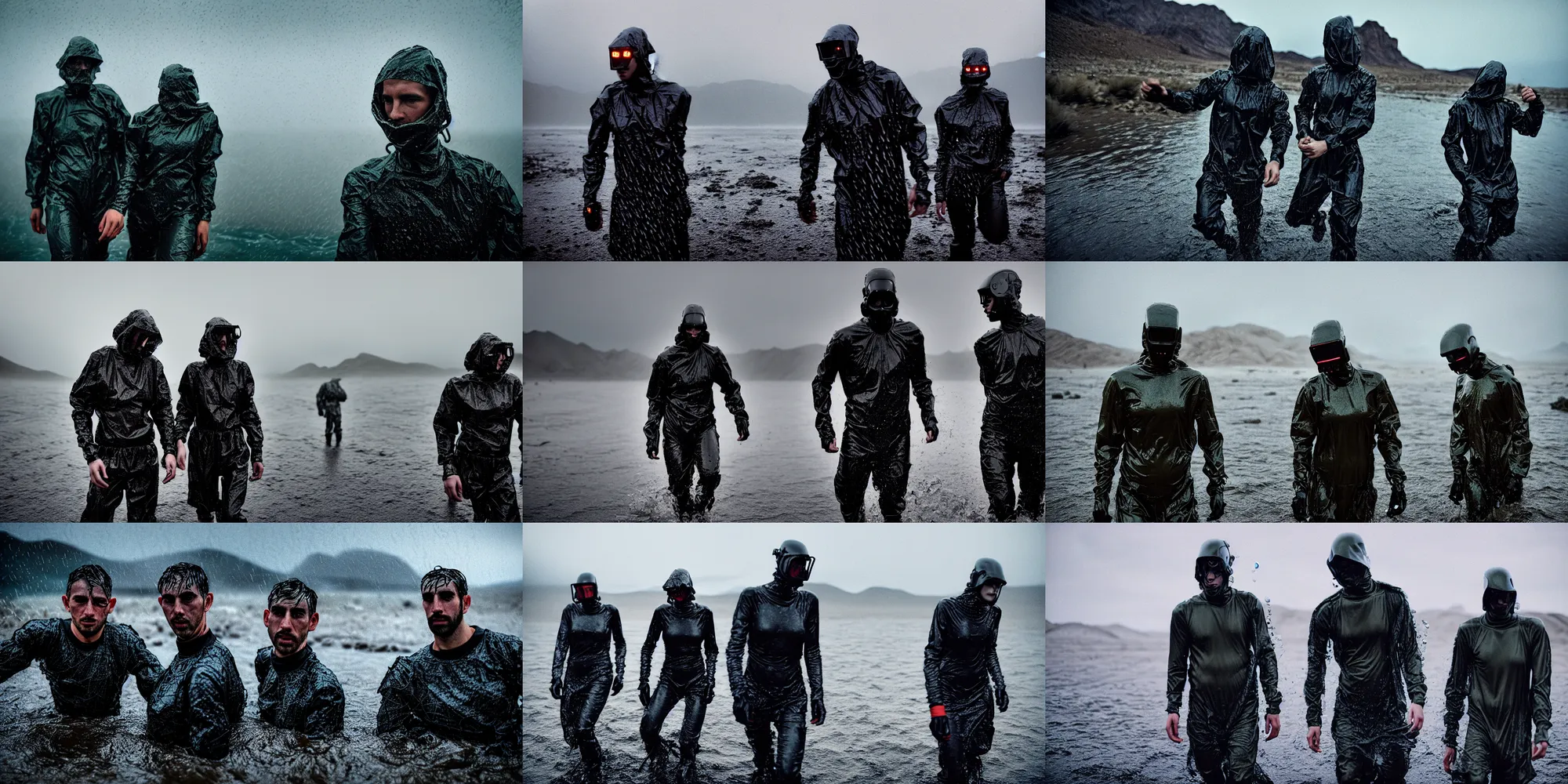 Prompt: cinestill hasselblad 2 0 0 mm, f 1. 2, extreme motion blur, candid photographic portrait by robert capas of 2 cyborgs wearing rugged camouflage mesh techwear in treacherous waters, mojave desert, modern cyberpunk moody depressing cinematic, pouring rain, ultra realistic faces, ex machina