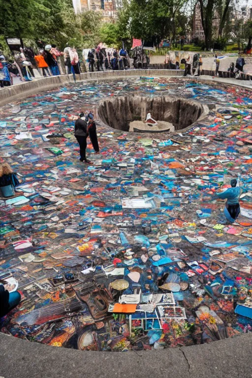 Prompt: a pile of art at the bottom of a deep hole, people lined up to drop their art into the hole