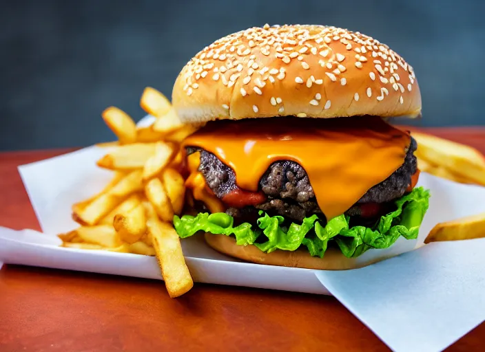 Image similar to dslr food photograph of a double cheeseburger and fries, 8 5 mm f 1. 8