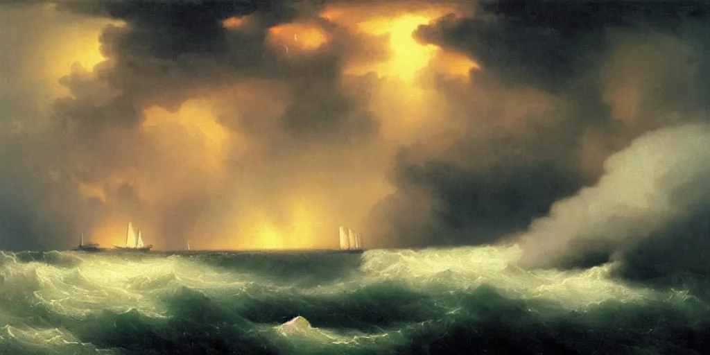 Prompt: Noah's Ark in a violent storm lightning by Ivan Aivazovsky