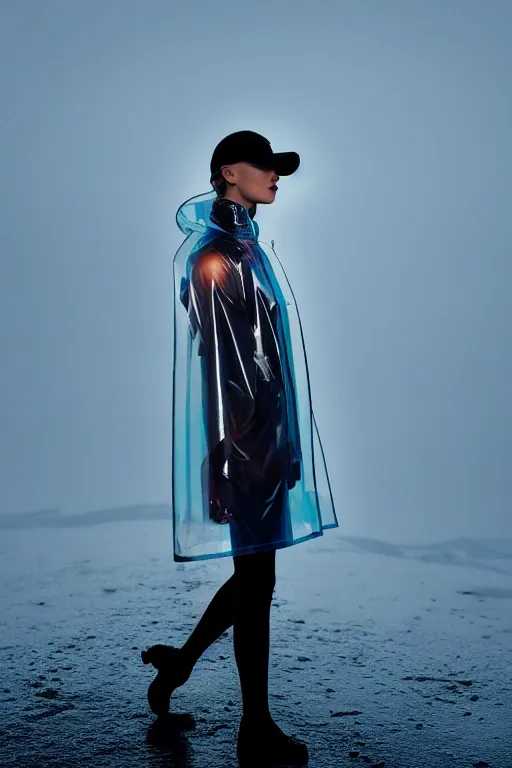 Image similar to an ultra high definition professional high fashion portrait studio full length photograph of a model wearing a transparent pearlescent raincoat and neon visor in an icelandic black rock environment at dawn. no artefacts. extremely detailed. stark. refraction. shallow depth of field. volumetric light and shadow. ray tracing. light rays.