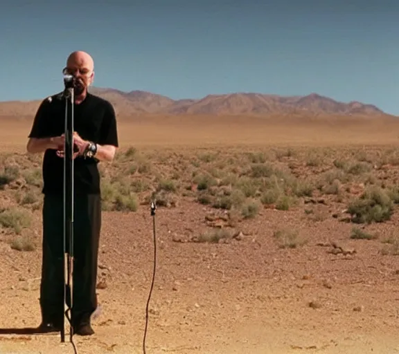 Image similar to walter white rapping with a microphone in the desert, realistic, movie still