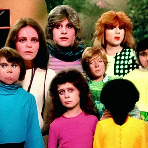 Prompt: still from 1981 live-action children's tv show about a middle-aged woman who enters an eyeball cult color