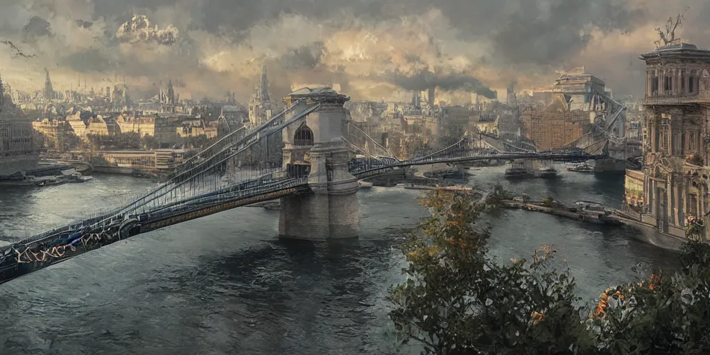 Prompt: kaiju in budapest, chain bridge painting, greg rutkowski, craig mullins, detailed, cinematic