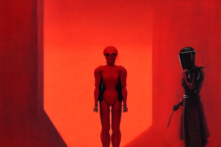 Image similar to only with red, a red samurai humanoid, tokio futuristic in background, yokai, in the style of beksinski, parts by edward hopper, parts by rodcenko, parts by yue minjun, intricate and epic composition, red by caravaggio, insanely quality, highly detailed, masterpiece, red light, artstation, 4 k