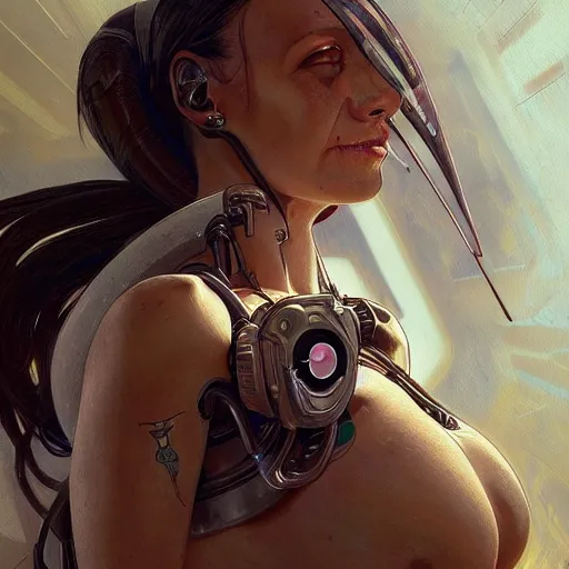 Image similar to An Alien Robotic Naughty Nurse with facial tattoos, artists portrait, biomechanical, Emergency Room, fantasy, highly detailed, digital painting, concept art, sharp focus, depth of field blur, illustration, art by artgerm and greg rutkowski and alphonse mucha