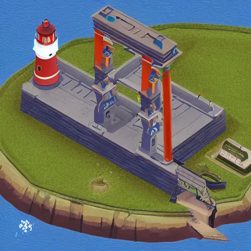 Prompt: side view of top down isometric video game, point and click style, on an island with a giant lighthouse, a drawbridge, and crew quarters with a cave underneath the island