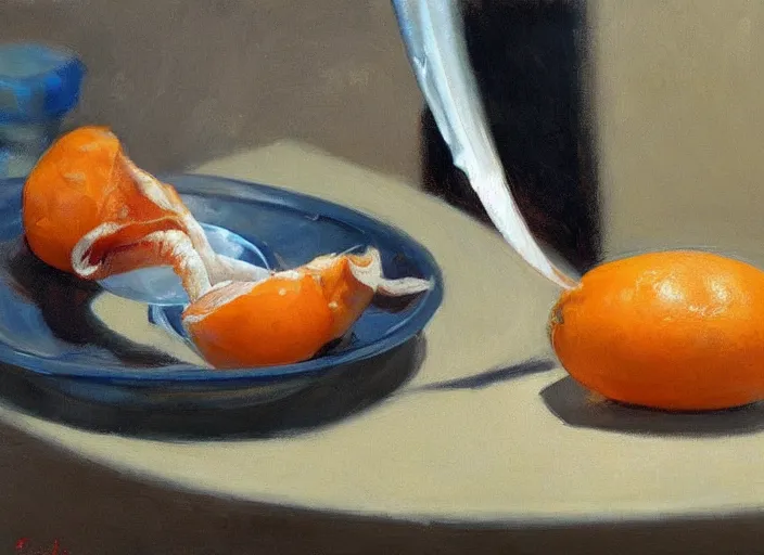 Prompt: “ a highly detailed beautiful portrait of a squid peeling an orange, by gregory manchess, james gurney, james jean ”