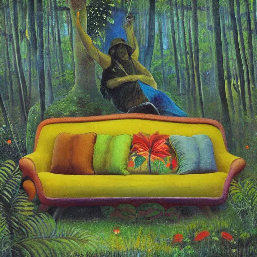 Image similar to psychedelic couch sofa in the lush pine forest, milky way, designed by arnold bocklin, jules bastien - lepage, tarsila do amaral, wayne barlowe and gustave baumann, cheval michael, trending on artstation, canada, star, sharp focus, colorful refracted sparkles and lines, soft light, 8 k 4 k