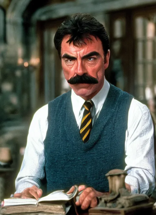 Image similar to film still of tom selleck as harry potter in harry potter, 4 k