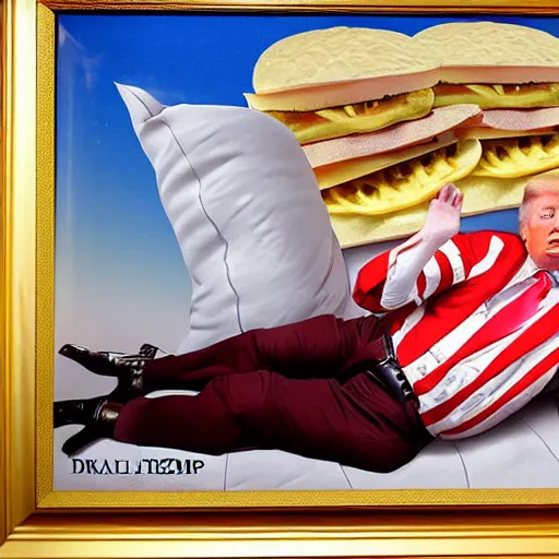 Image similar to donald trump reclining on a mound of cheeseburger wrappers, highly detailed, sharp focus, matte painting, by isaac levitan and asher brown durand,