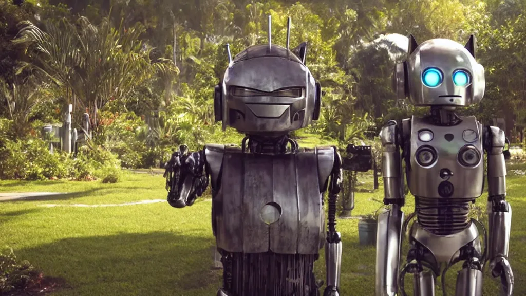 Image similar to film still from the movie chappie of the robot chappie shiny metal outdoor park plants garden scene bokeh depth of field furry anthro anthropomorphic stylized cat ears head android service droid robot machine fursona