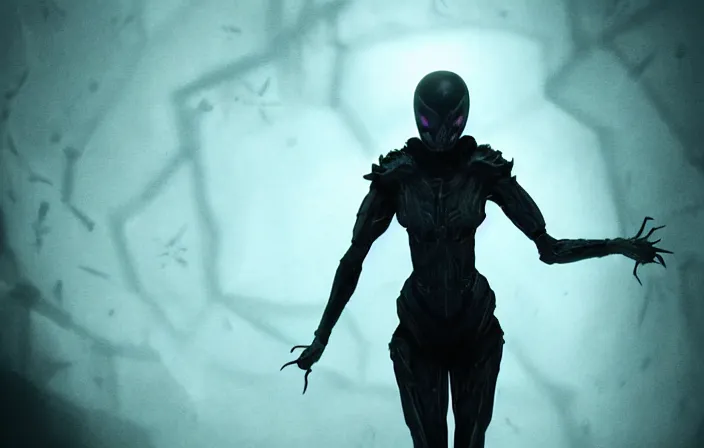 Prompt: creepy matte painting of an armored woman with spider legs with arms out in a ready to attack pose in a dark cave, ( ( spiderwoman ) ), human arms, ultra detailed, monster, human face, glowing eyes, creature design, concept art, 8 k, moody lighting, muted colors, blue tone light, dramatic lighting realistically proportioned body, organic armor,