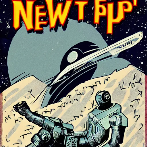 Prompt: robot in retro sci fi pulp newsprint illustration cover