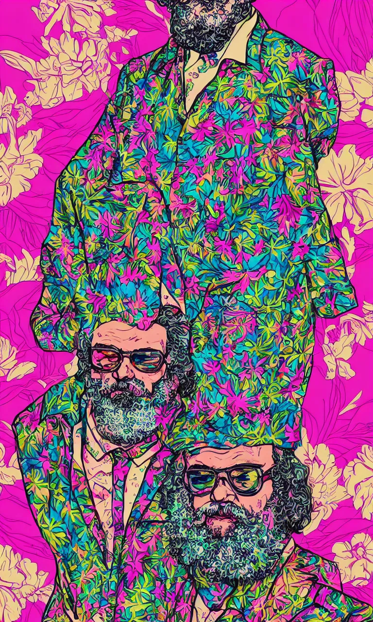 Prompt: stylish Karl Marx wearing sunglasses and a psycehdelic floral Hawaiian shirt, fashion, character design, colorized, vivid colors, artstationHD, 8k, rack focus,