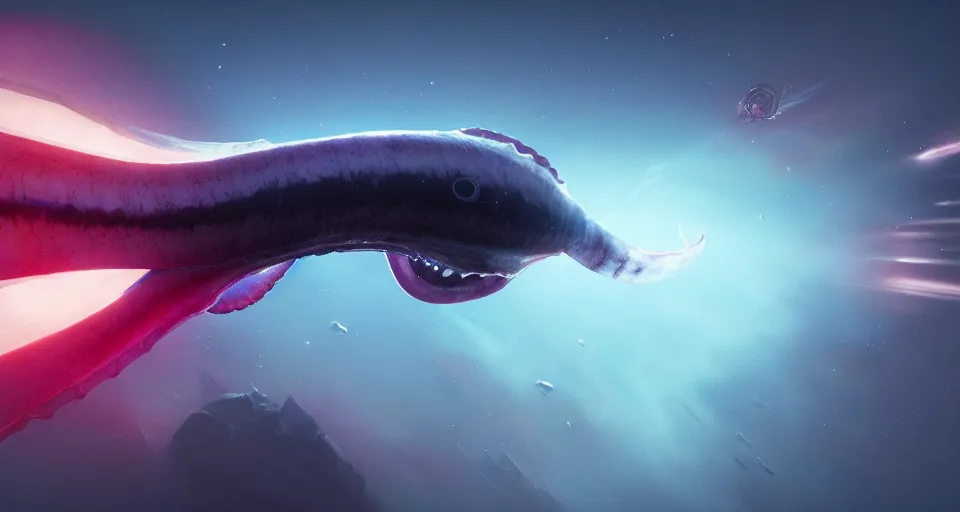 Image similar to A wide shot of a squid with sharp translucent teeth in space art by Maciej Kuciara and Jason Chan, ominous, cosmic horror, trending on artstation, Ultra detailed, hyper realistic, telephoto lens 4k