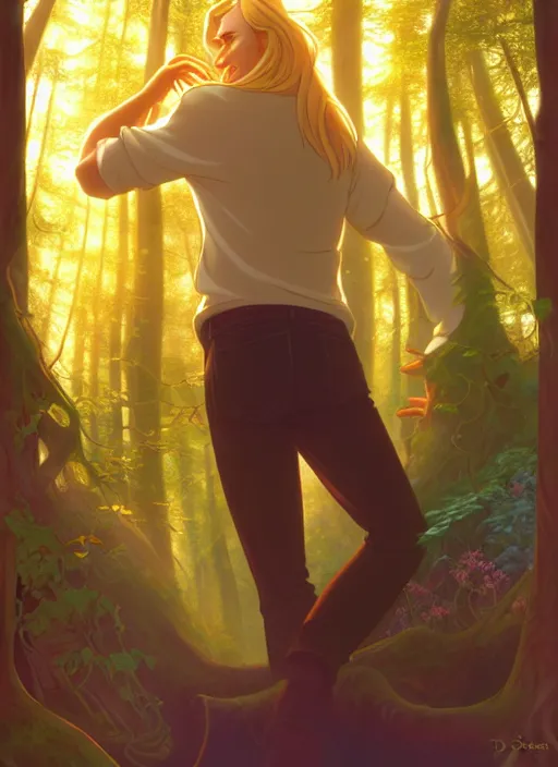 Image similar to book cover design, slender young man with long golden blond hair, shiny and sparkling, from behind, back shot, high angle, lost in a magical forest, natural lighting, path traced, highly detailed, high quality, cartoon, digital painting, by don bluth and ross tran and studio ghibli and alphonse mucha