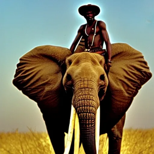 Image similar to film matrix ( 1 9 9 9 ) film still of shot of an tribal african man riding an elephant alone on the savannah, extreme long shot, 4 k, award winning