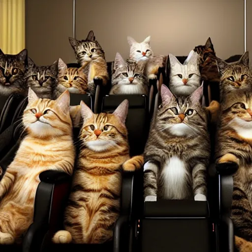 Image similar to a bunch of cats sitting in a theater watching a movie