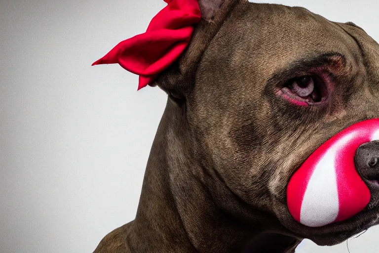 Prompt: side profile profile of a snarling pit bull wearing clown makeup and a red rubber nose, 4 k, hdr color