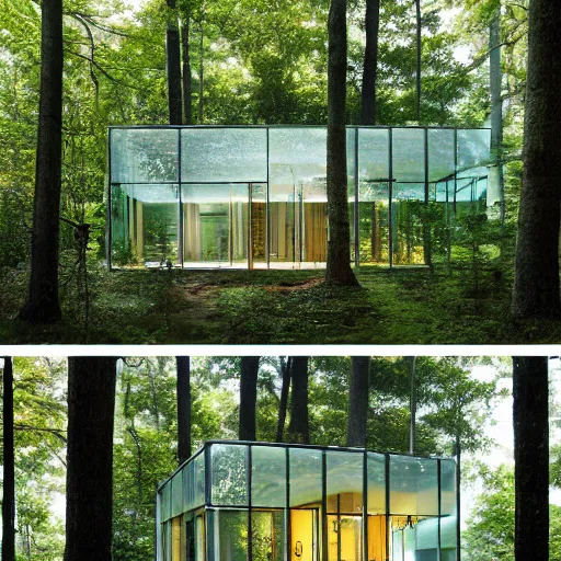 Prompt: a house made out of glass in a forest