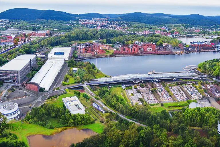 Image similar to bird's eye view photography of a small city. town hall, central farm, monorail station, inlet and shipping dock. hills, woods and pond to the north.