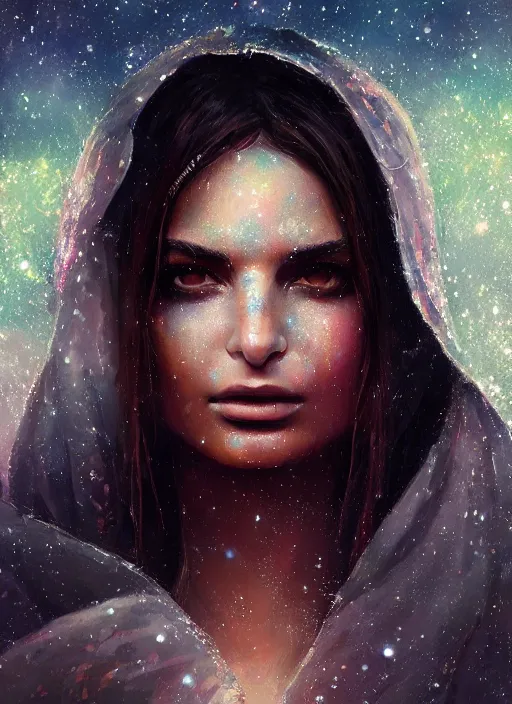 Prompt: detailed portrait of Emily Ratajkowski wearing a cloak over her head, eyes sparkling with starlight a halo of shimmering color around her, the moon in the background, by Jason Jenicke and Jeremy Mann, intricate, beautiful, stylized, detailed, realistic, loose brush strokes, celestial, enduring, captivating, Artstation