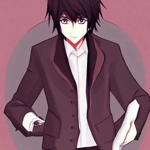 Image similar to a male teen with dark short hair and dark brown eyes wearing a dark formal overcoat, anime style, portait photo, high quality, beautiful, trending on DeviantArt, anime boy