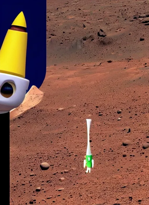 Image similar to big headed child elon mask on mars holding a small toy rocket