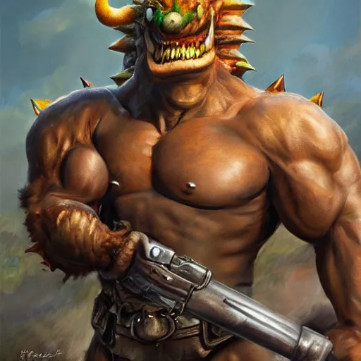 Image similar to An ultra realistic portrait painting of Bowser in the style of Frank Frazetta, 4k, Ultra realistic, Highly Detailed, Dark Fantasy, Epic Lighting