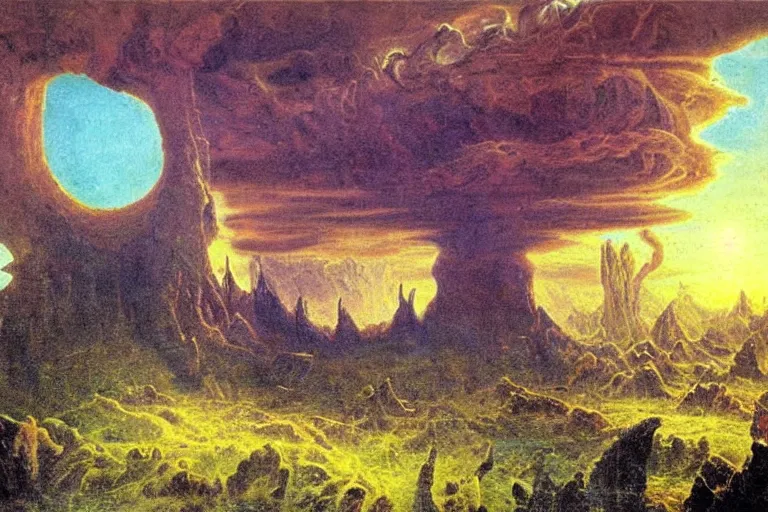 Image similar to mesozoic cosmic upheaval turmoil landscape in the style of dr. seuss, tower of babylon, painting by albert bierstadt